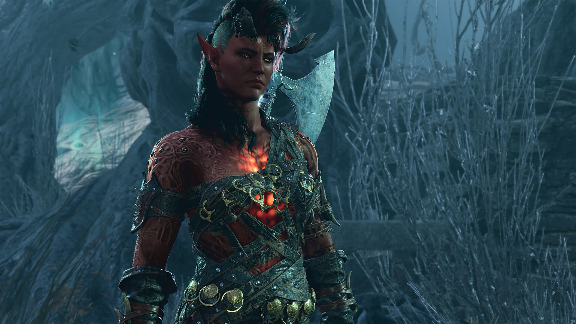 Close-up of Karlach, a fierce tiefling warrior with glowing chest and battle-worn armor, from Baldur's Gate 3.