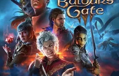 Promotional poster for Baldur's Gate 3 featuring main characters in a dramatic fantasy setting with dragons in the background.