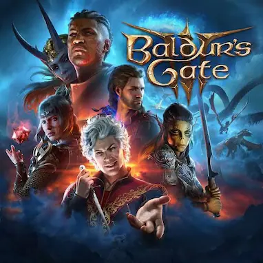 Promotional poster for Baldur's Gate 3 featuring main characters in a dramatic fantasy setting with dragons in the background.