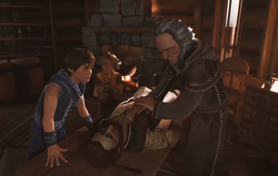 The two brothers crossing a wooden bridge in Brothers: A Tale of Two Sons Remake, surrounded by lush forest scenery