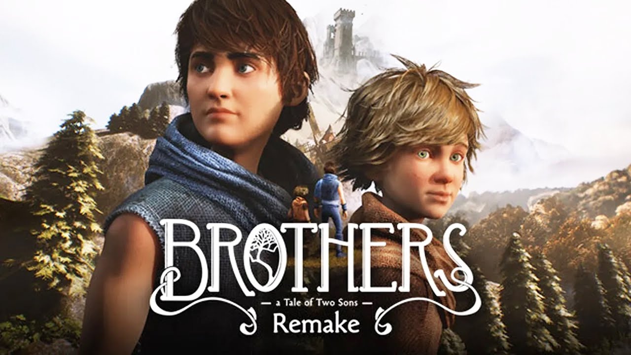 Promotional art for Brothers: A Tale of Two Sons Remake showing the two brothers with a mountain castle in the background