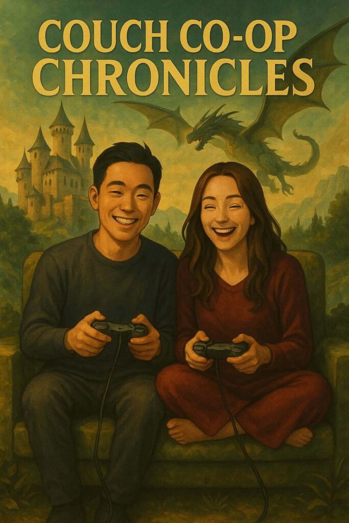 A smiling couple sitting on a couch, holding game controllers and laughing while playing video game.