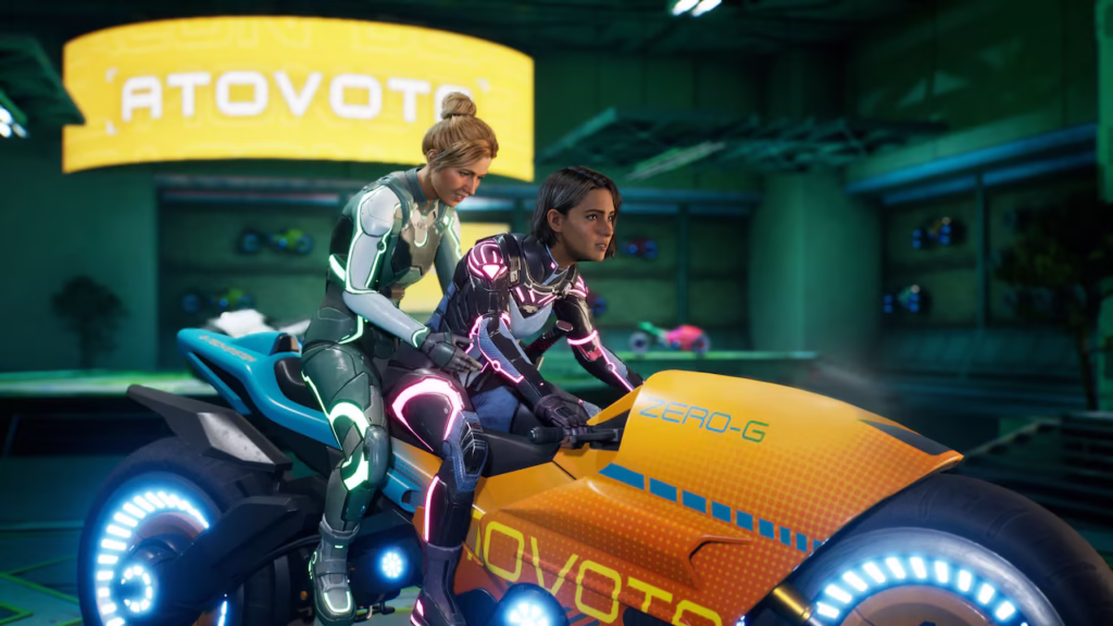 Two characters in futuristic suits ride a neon-lit hoverbike in Split Fiction by Hazelight Studios