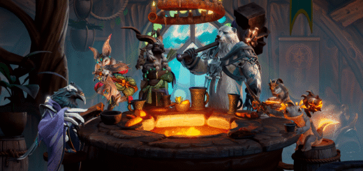 Artwork from Sunderfolk showing a group of diverse animal-like heroes gathered around a glowing hearth in a cozy tavern setting.