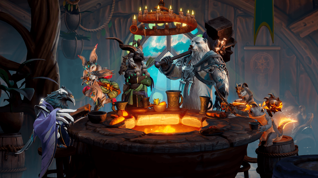 Artwork from Sunderfolk showing a group of diverse animal-like heroes gathered around a glowing hearth in a cozy tavern setting.