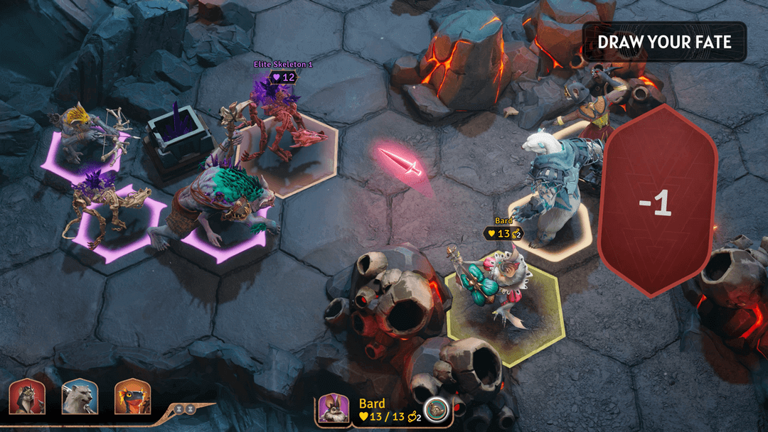 Screenshot from the game Sunderfolk showing a tactical hex-based battle where a Bard character faces off against Elite Skeletons, with a “Draw Your Fate” card revealing -1