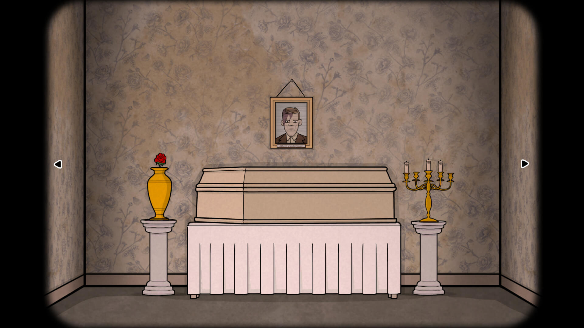 Scene from The Past Within showing a funeral room with a closed coffin, a portrait on the wall, a golden urn with a red rose, and a candelabra on either side.